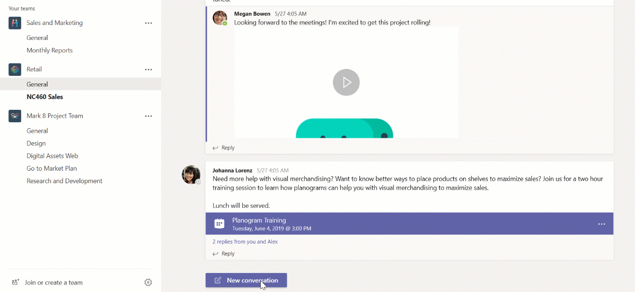 Animated screenshot of Announcements in Microsoft Teams. A new hire is welcomed by a user.