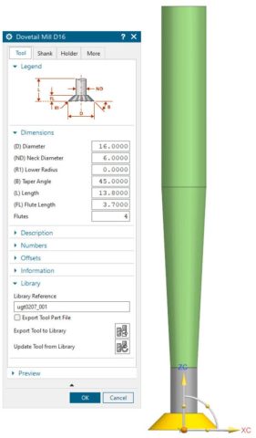 The Dovetail Mill Tool Type enables easy tool creating using industry naming terminology.
