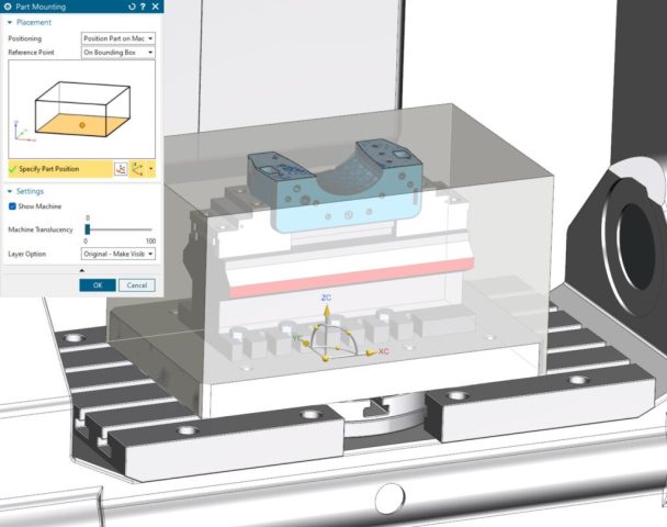 The Position Part & Fixtures in Machine Context allows users to position CAM setup quickly and accurately on machine.