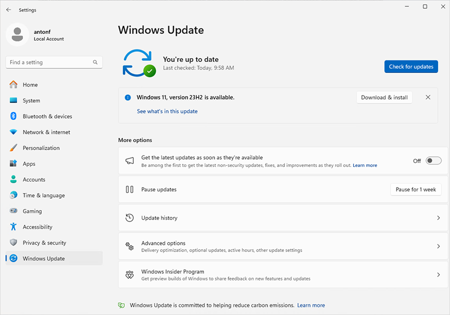 Screenshot of Windows Update settings