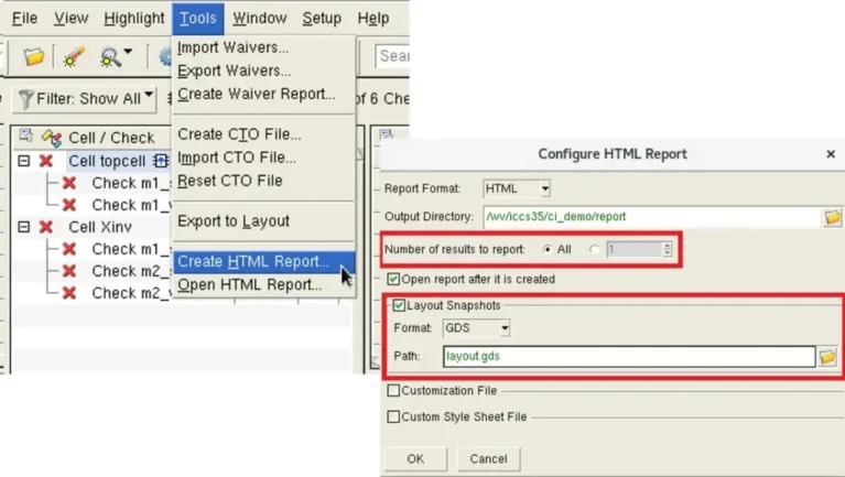 menu tạo báo cáo HTML trong trình xem kết quả Calibre RVE cùng các tùy chọn cấu hình báo cáo.