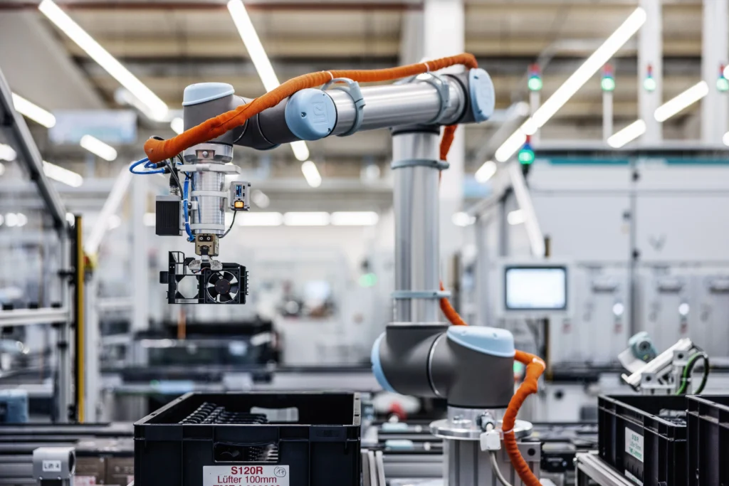 Industrial robots supporting automated manufacturing operations at Siemens Erlangen factory